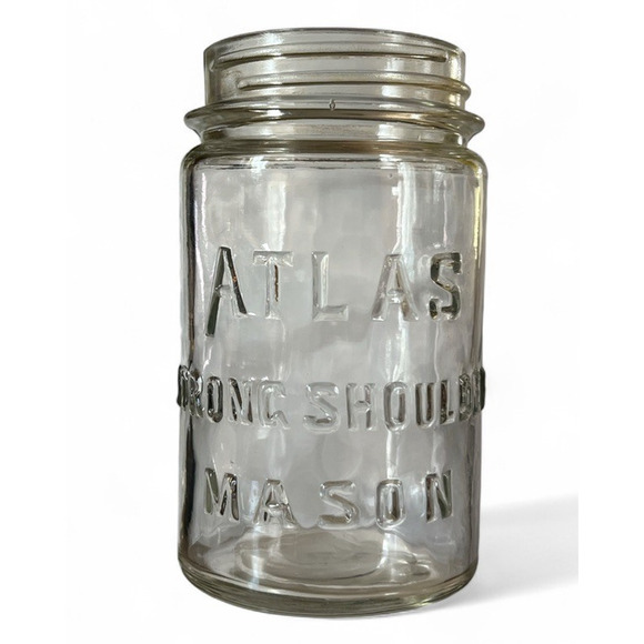 Vtg Glass Atlas Strong Shoulder Mason Jar Straight Side No Lid Clear Glass Retro - Picture 1 of 8